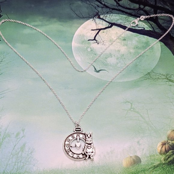 White Rabbit & Pocket Watch Alice in Wonderland Silver Necklace - Picture 2 of 3